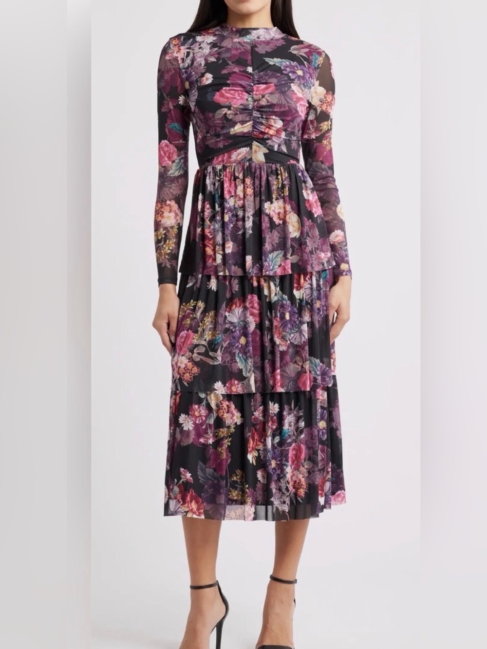 Anne Klein Multi Florsl Tiered Long-Sleeve Midi Dress - size XS-NWT